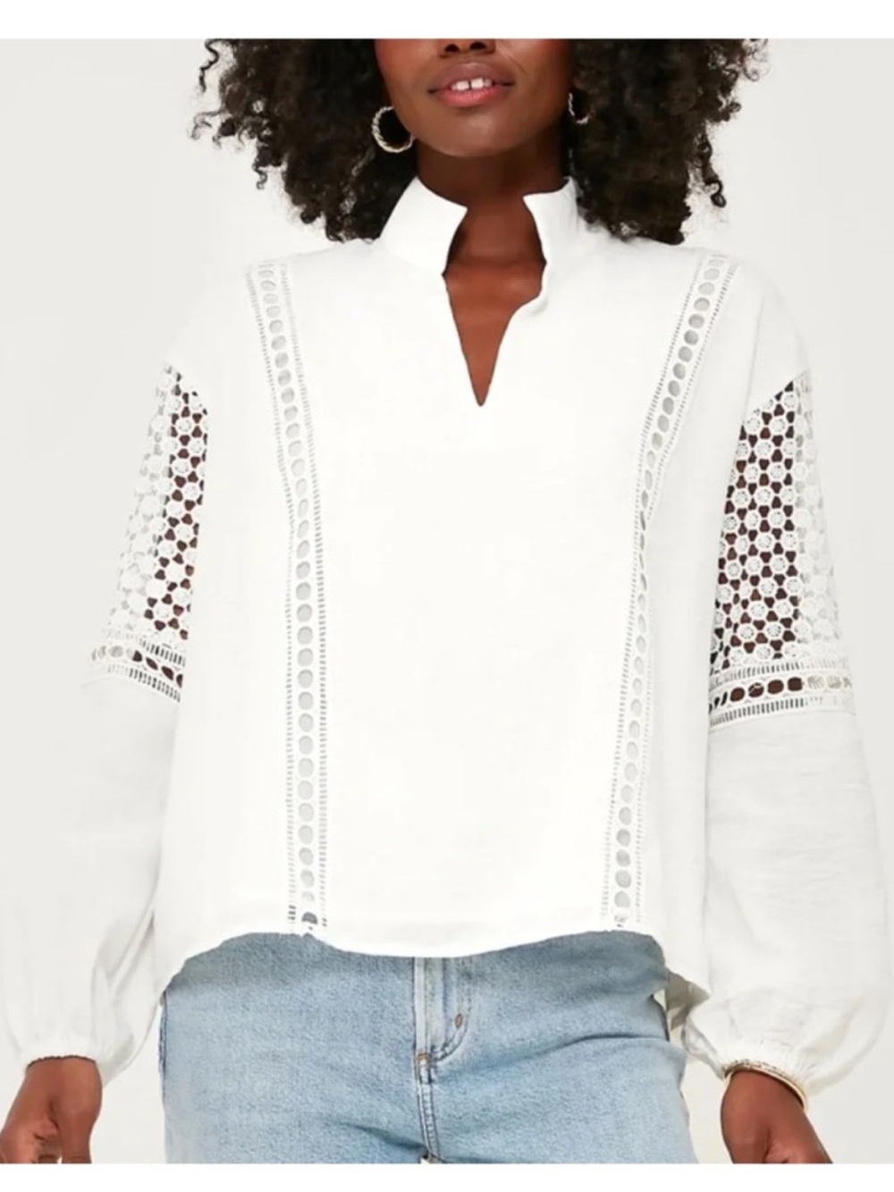 TUCKERNUCK Eyelet Jane Blouse White Crochet Resortwear Women’s Size L LIKE NEW - Picture 1 of 13